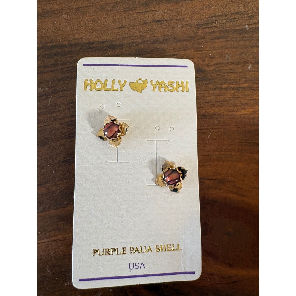 Holly Yashi Purple Paua Shell Gold Tone Flower Stud Earrings USA Made Artisan